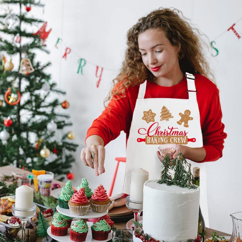 Saukore Funny Christmas Baking Apron for Women Men, Holiday Baking Gifts for Bakers, White Xmas Kitchen Chef Cooking Aprons with 2 Pockets, Cute Christmas Apron Gift Stocking Stuffers - Christmas Baking Crew - Image 4
